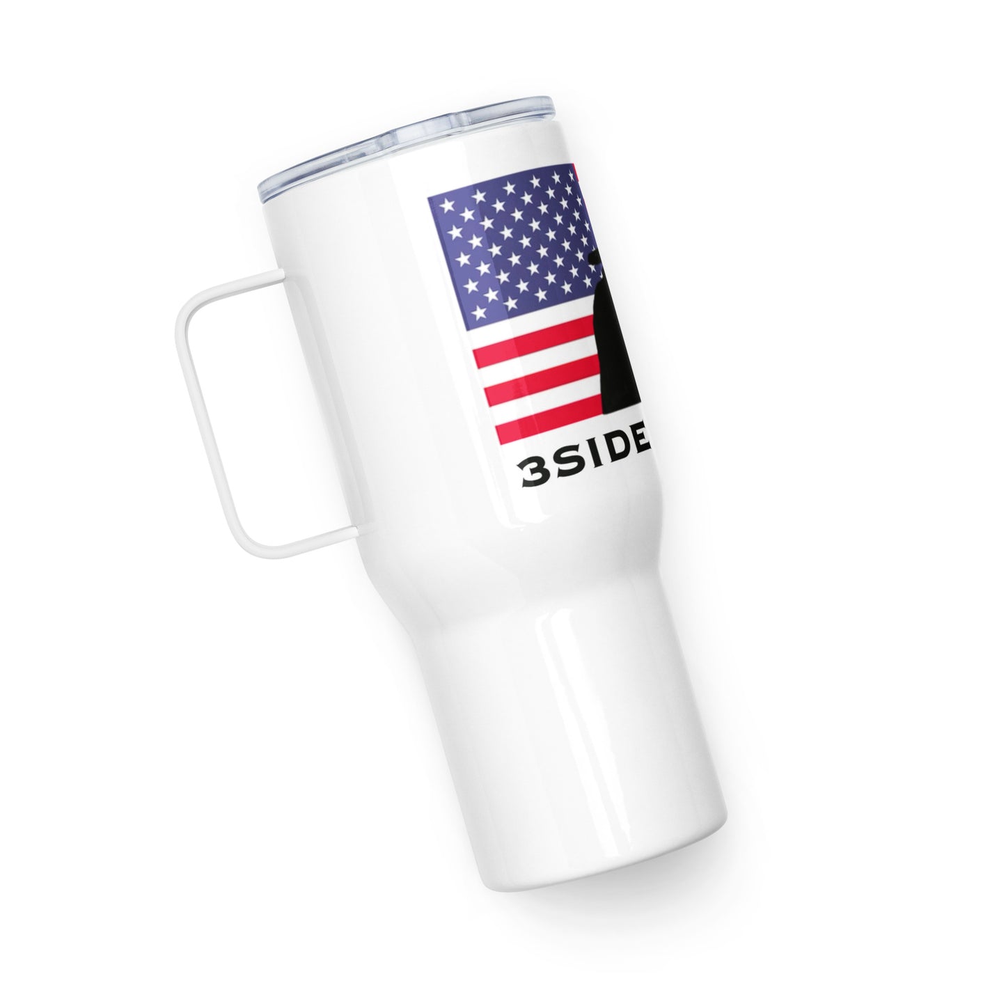 3SIDE SHIELD MAN AMERICAN FLAG 25oz TRAVEL MUG WITH HANDLE